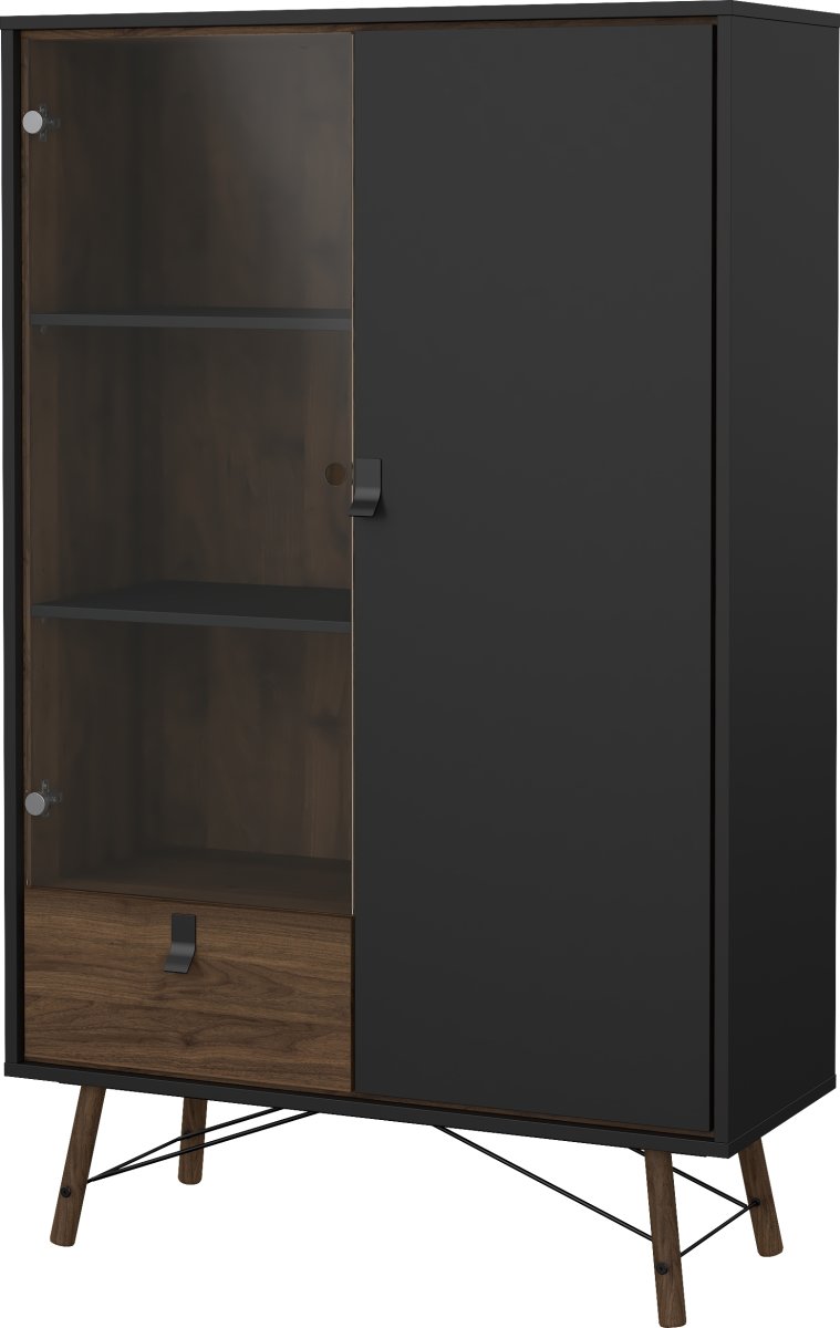 Serveline vitrineskab 2 døre/1 skuffe, sort/valnød