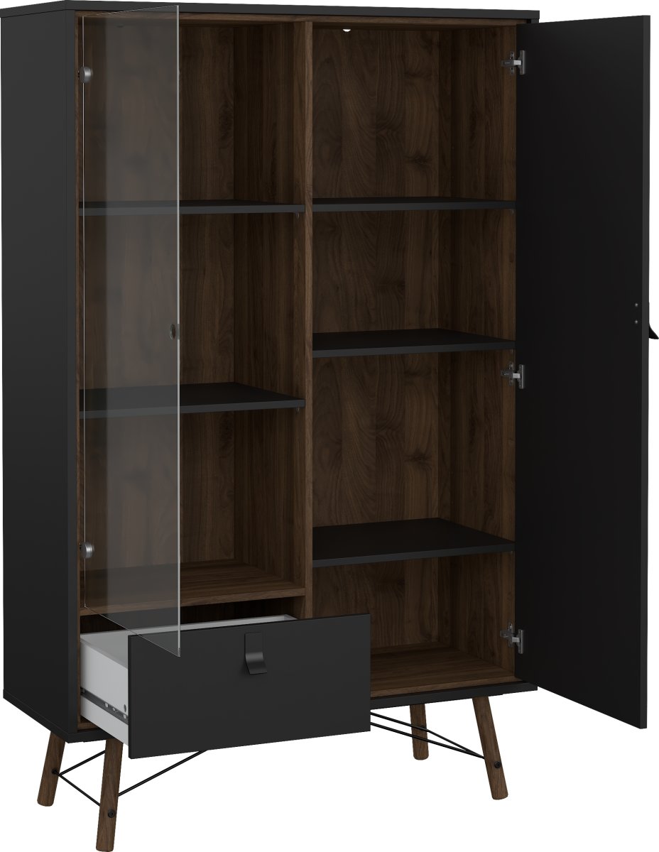 Serveline vitrineskab 2 døre/1 skuffe, sort/valnød