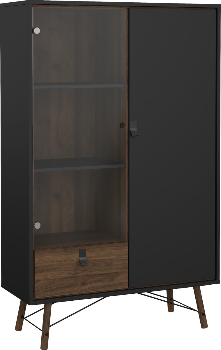 Serveline vitrineskab 2 døre/1 skuffe, sort/valnød