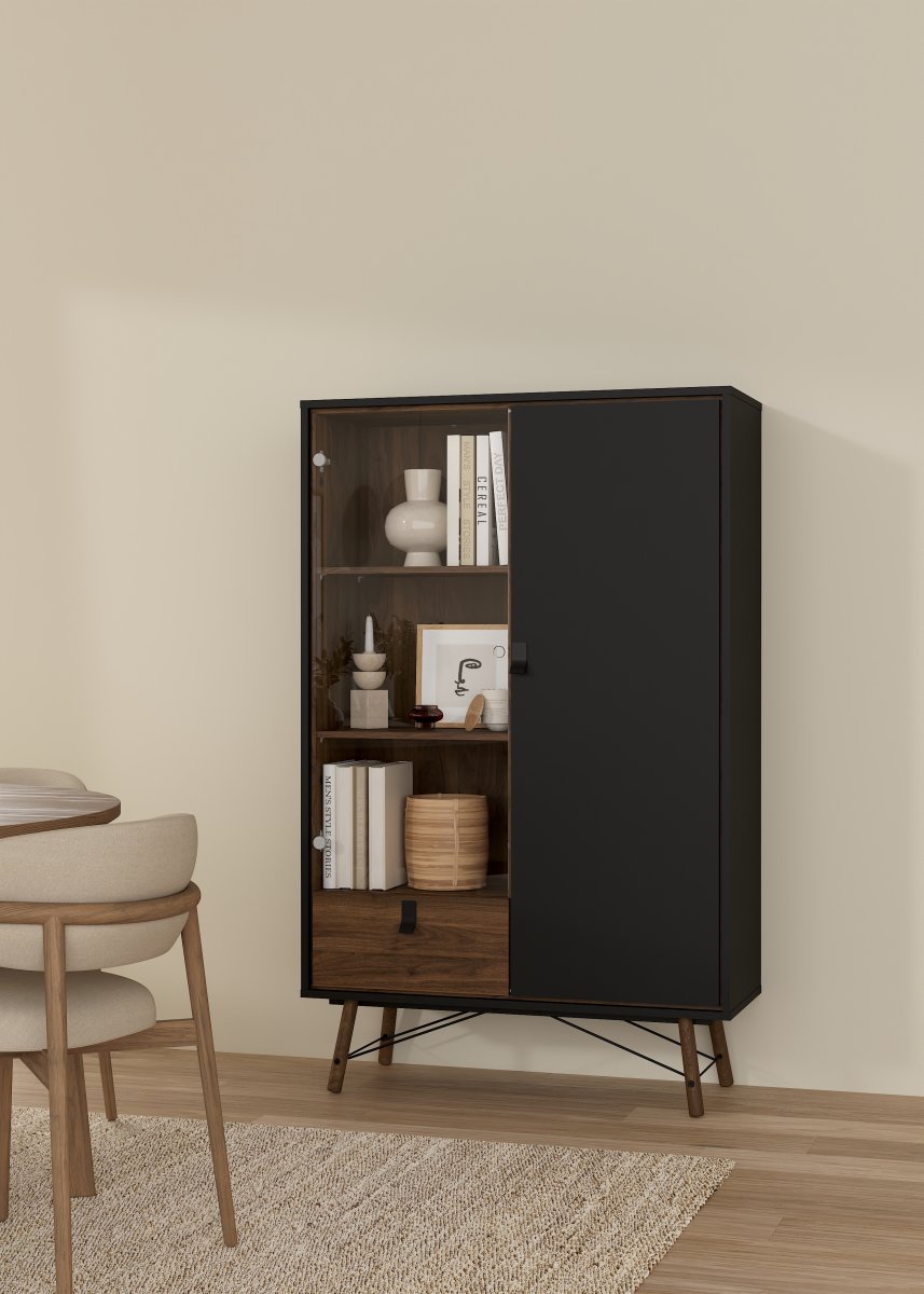 Serveline vitrineskab 2 døre/1 skuffe, sort/valnød