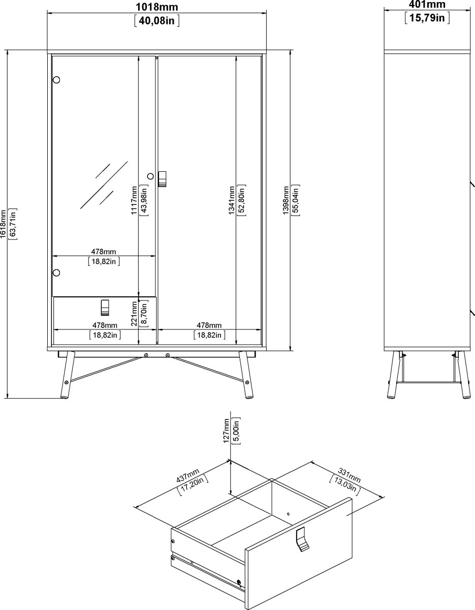 Serveline vitrineskab 2 døre/1 skuffe, sort/valnød