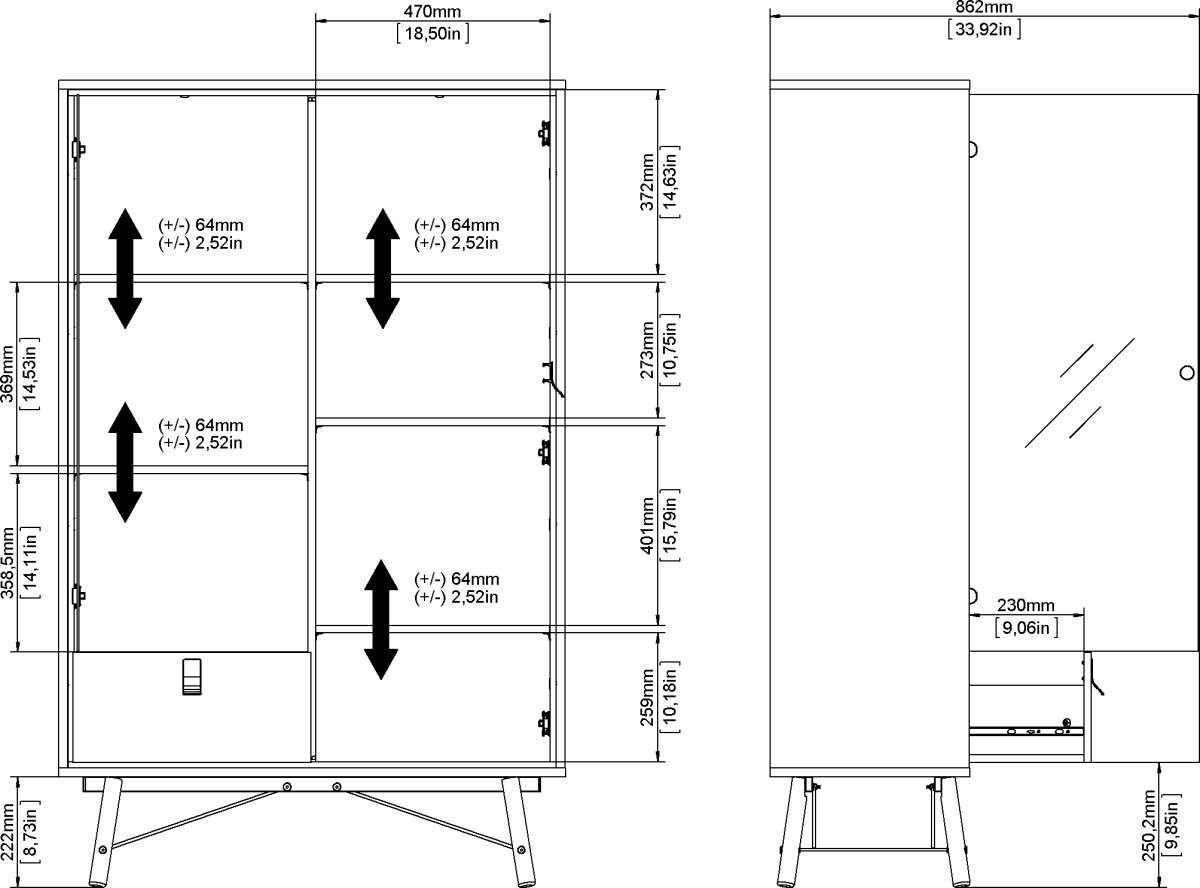 Serveline vitrineskab 2 døre/1 skuffe, sort/valnød