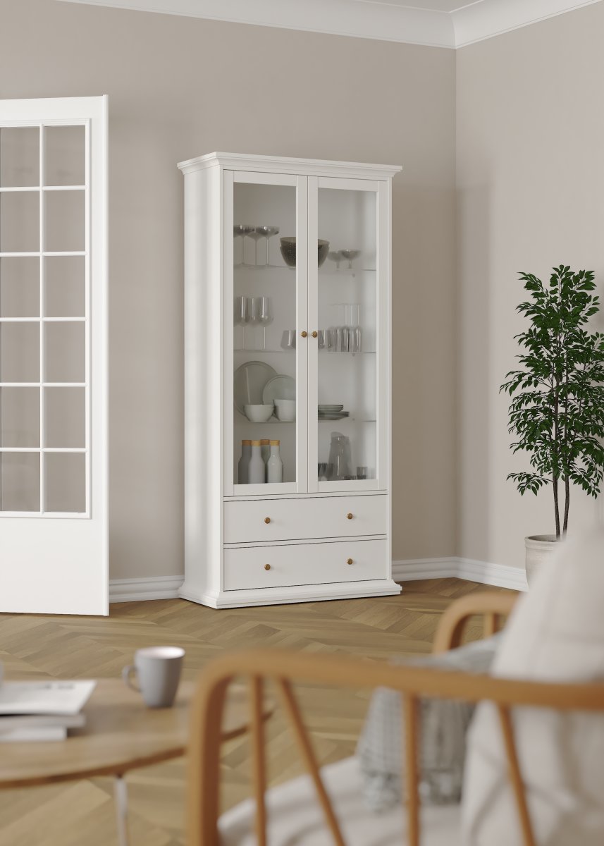 Serveline vitrineskab 2 døre/2 skuffer, hvid