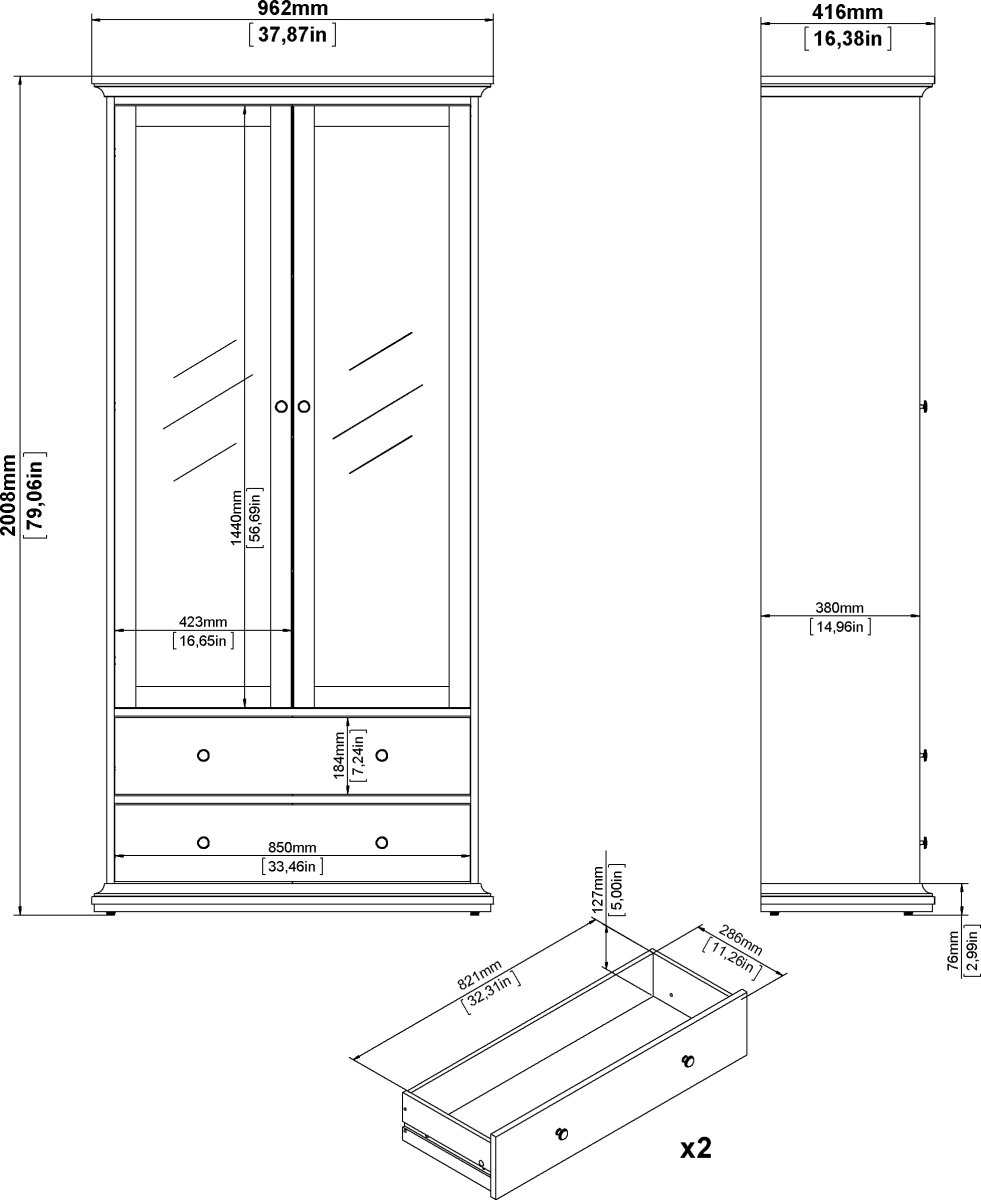 Serveline vitrineskab 2 døre/2 skuffer, hvid