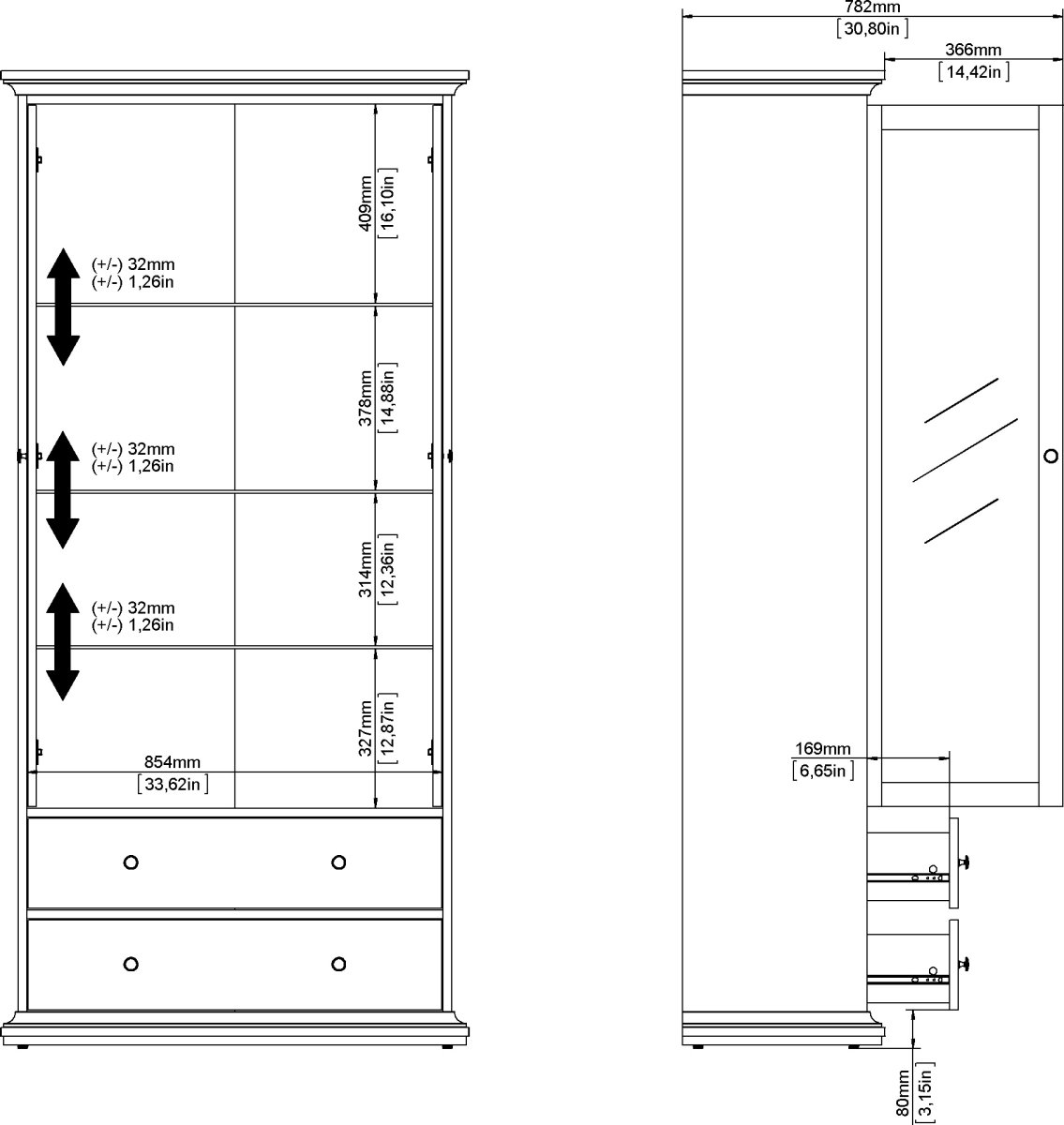 Serveline vitrineskab 2 døre/2 skuffer, hvid