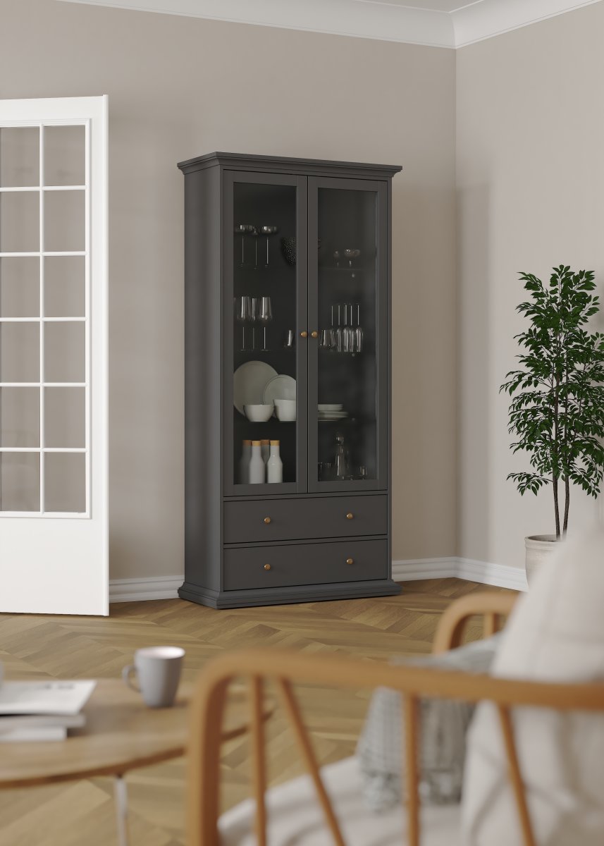 Serveline vitrineskab 2 døre/2 skuffer, mat grå