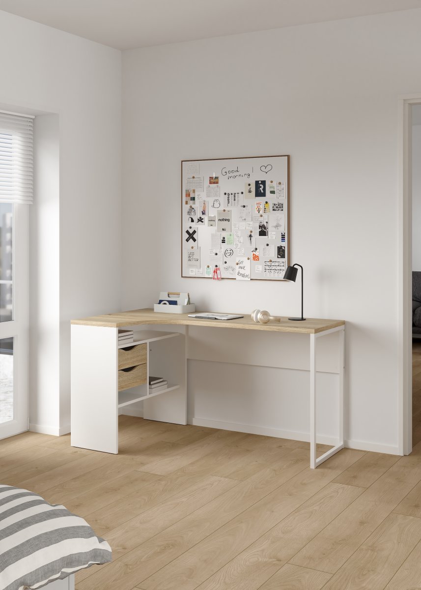 Small Officeline hjørneskrivebord 2 skuf, eg/hvid