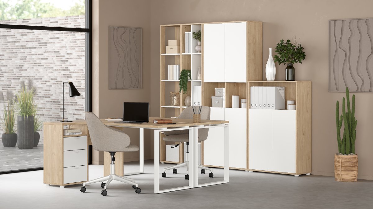 Small Officeline hjørneskrivebord 3 skuf, eg/hvid