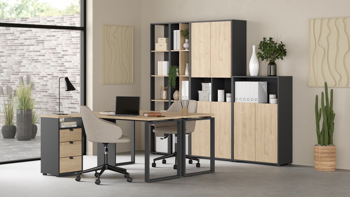 Small Officeline hjørneskrivebord 3 skuf, eg/grå