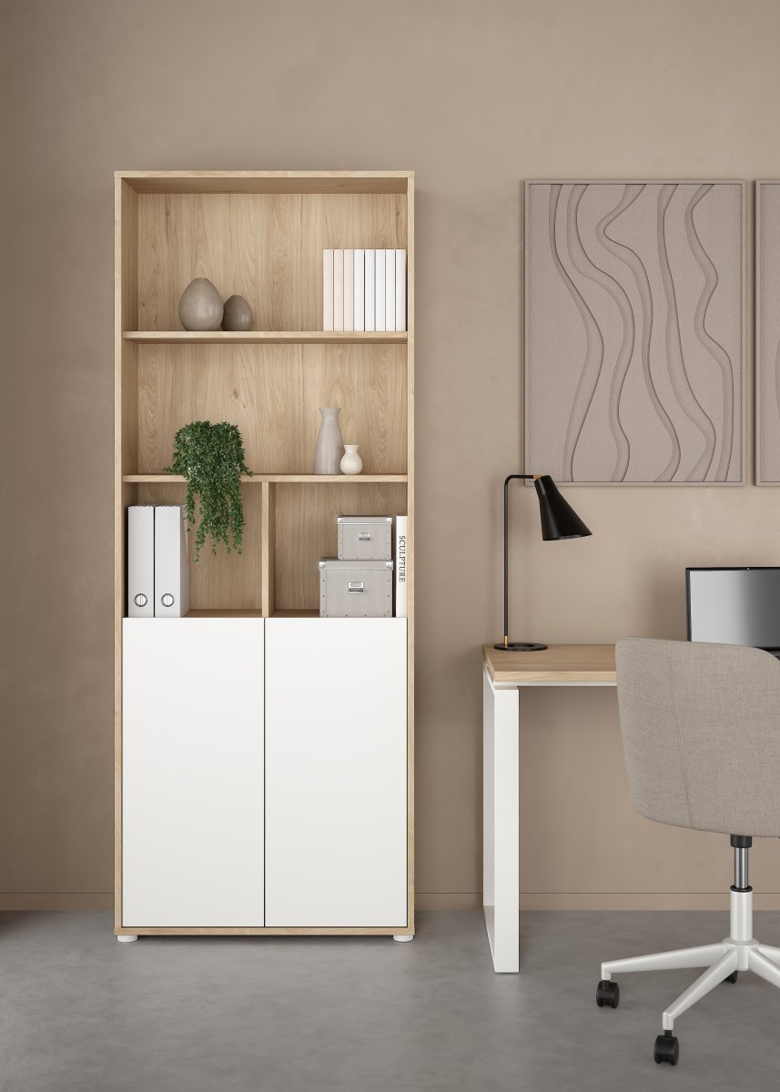 Small Officeline høj bogreol m/2 låger, hvid/eg