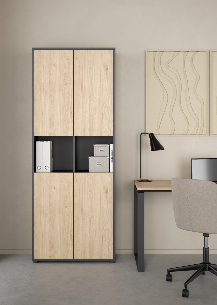 Small Officeline høj bogreol m/4 låger, grå/eg