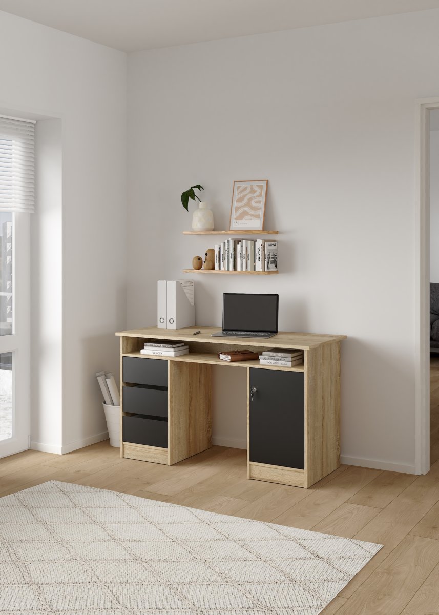 Small Officeline skrivebord 1 skab/3 skuf, eg/sort