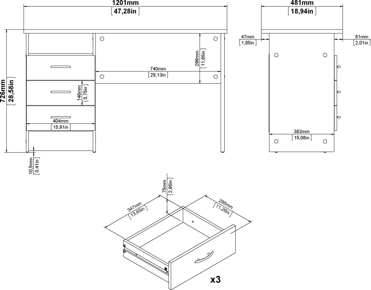 Small Officeline skrivebord 3 skuffer håndt., hvid