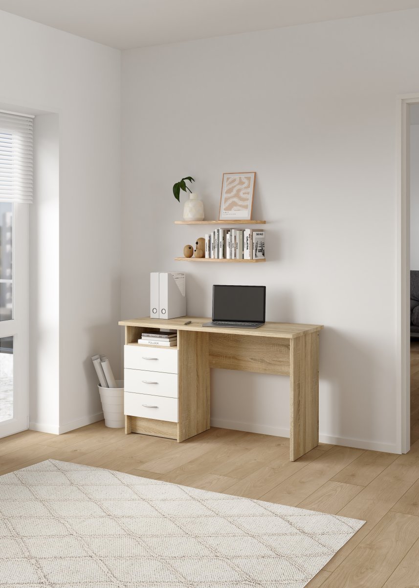 Small Officeline skrivebord 3 skuffer hnd, eg/hvid