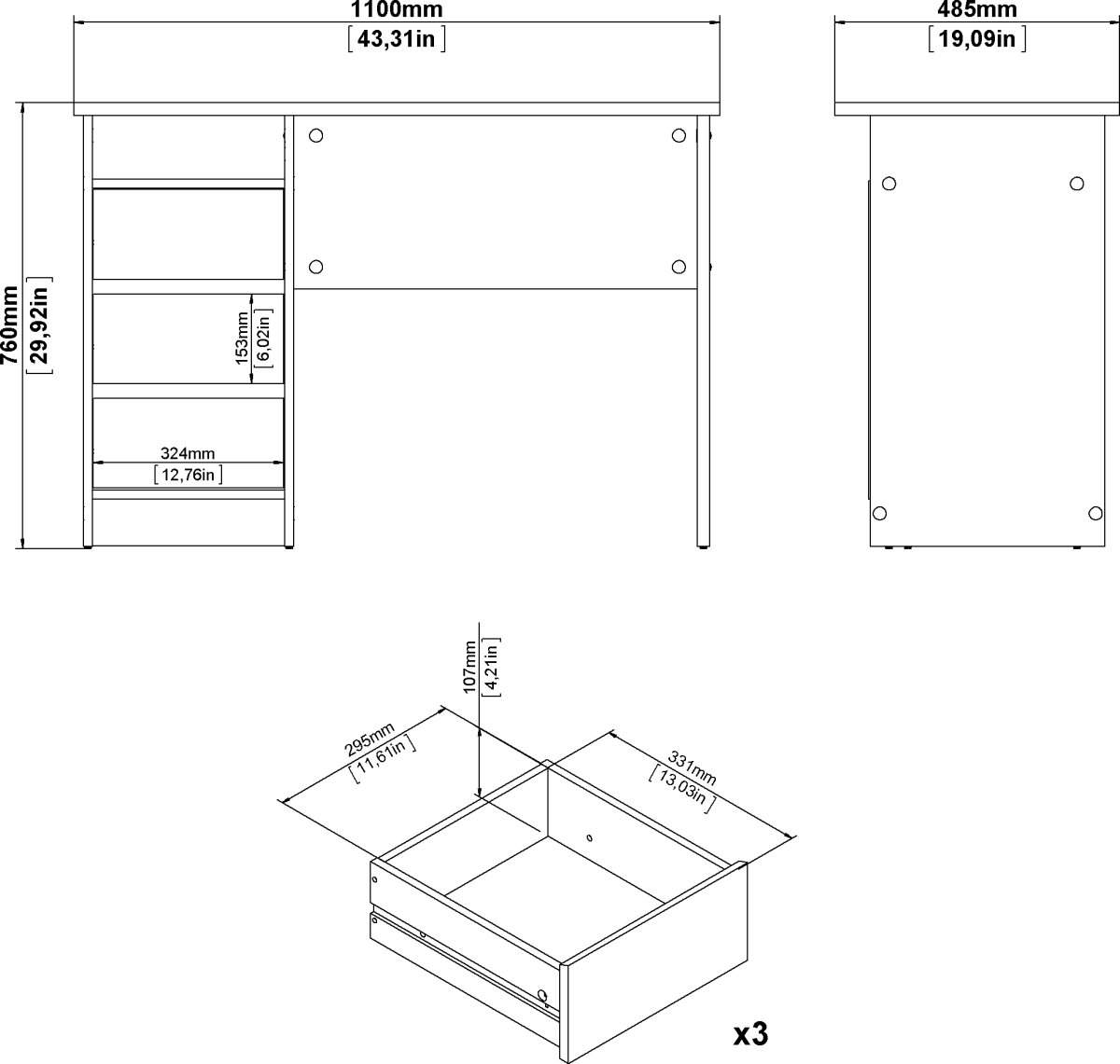 Small Officeline skrivebord 3 skuffer, eg