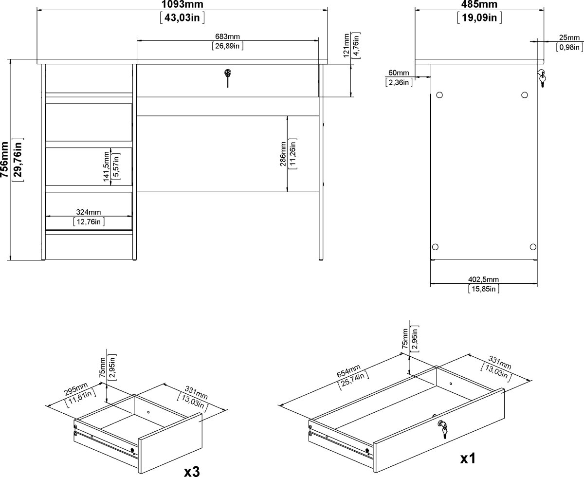 Small Officeline skrivebord 4 skuffer/1 lås, eg