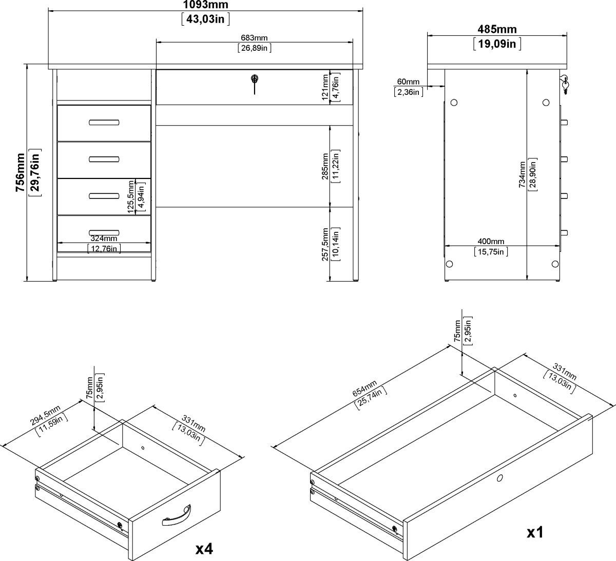 Small Officeline skrivebord 5 skuffer/1 lås, eg