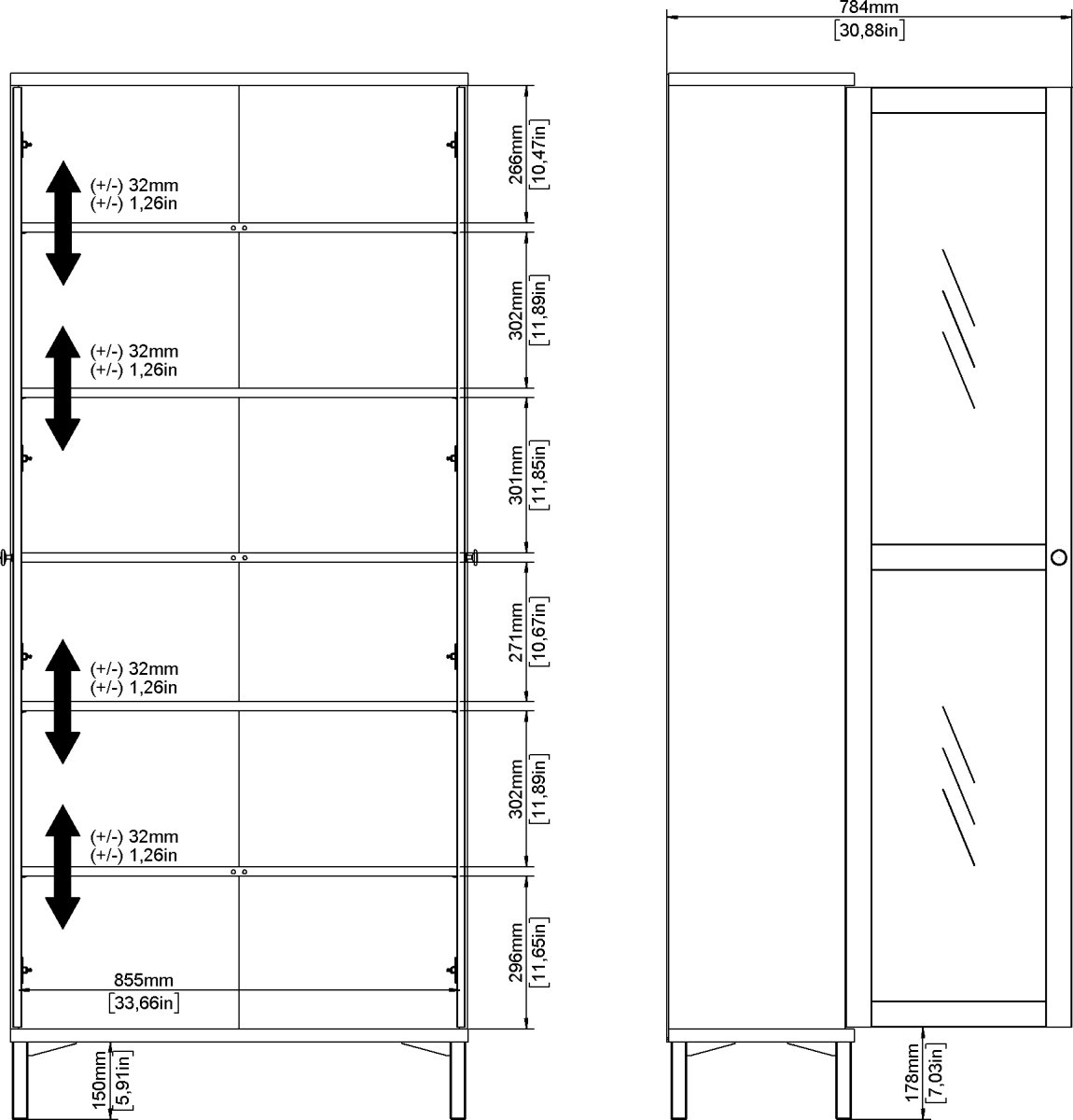 Serveline vitrineskab 2 døre, hvid