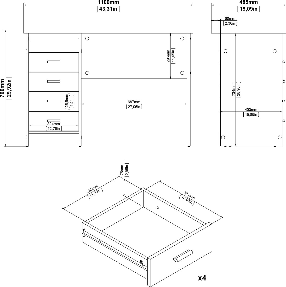 Small Officeline skrivebord 4 skuffer, hvid