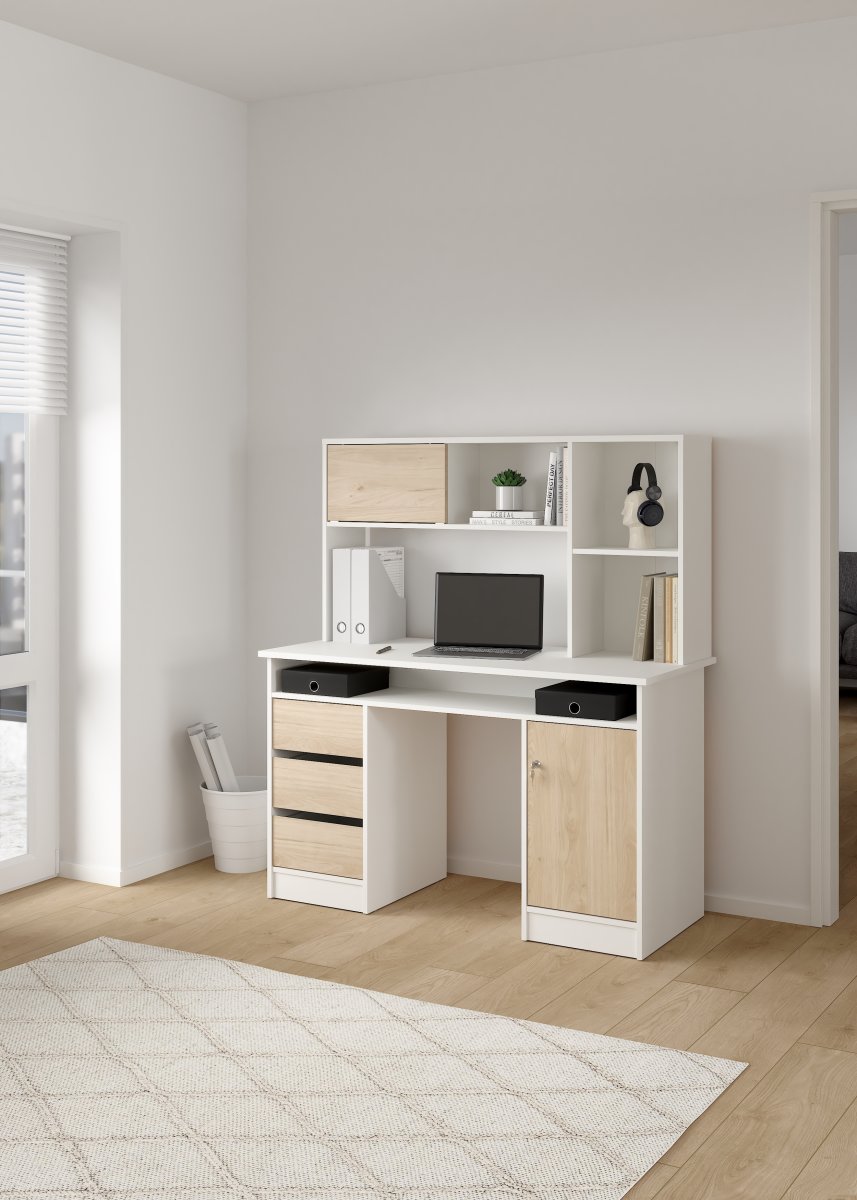 Small Officeline skrivebord m/overdel, eg/hvid