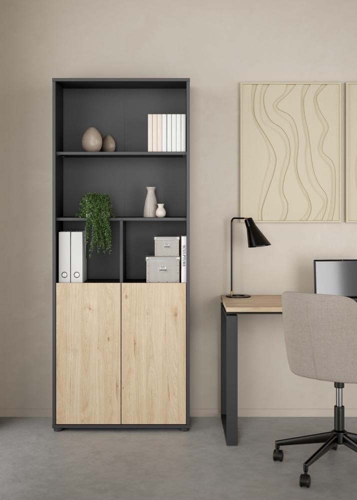 Small Officeline høj bogreol m/2 låger, grå/eg