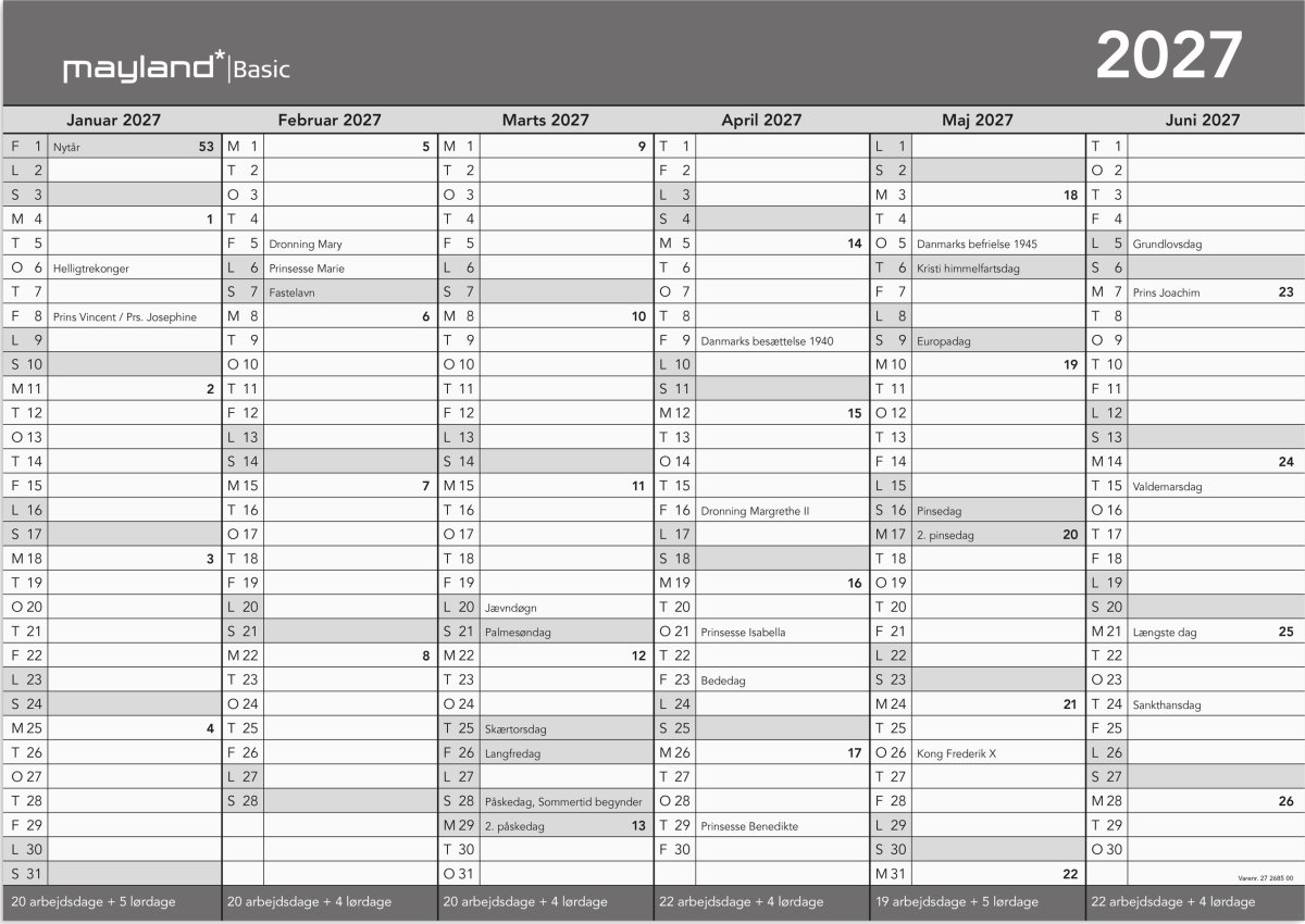 Mayland 2027 Basic Kontorkalender, A3