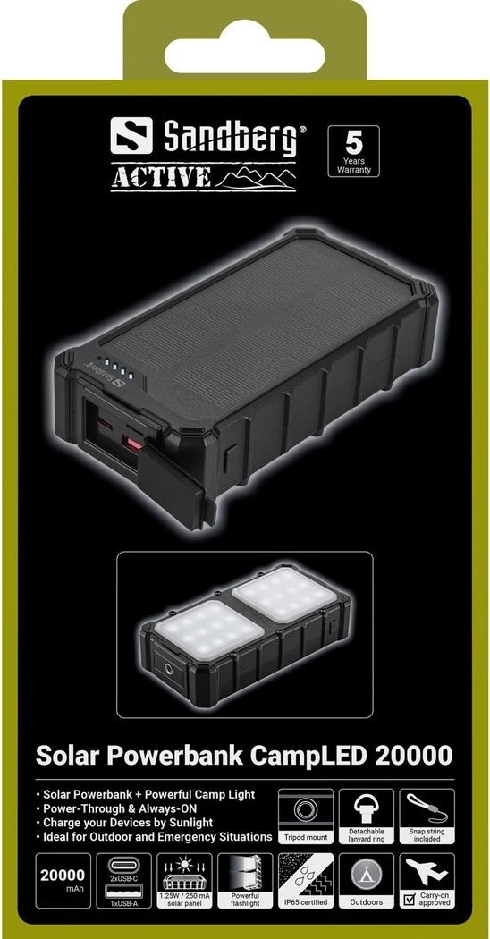 Sandberg Powerbank m. solcelle - CampLED 20000 mAh