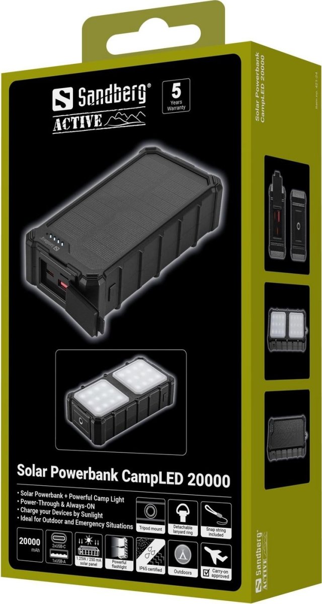 Sandberg Powerbank m. solcelle - CampLED 20000 mAh
