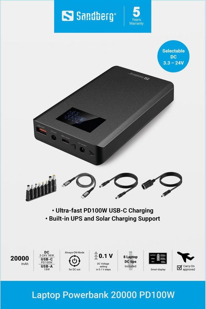 Sandberg Laptop Powerbank - 20000 mAh, PD100W