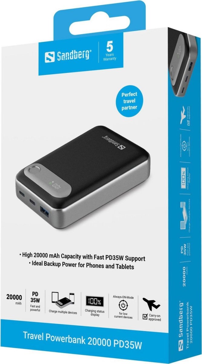 Sandberg Powerbank, Rejse - 20000 mAh - PD35W