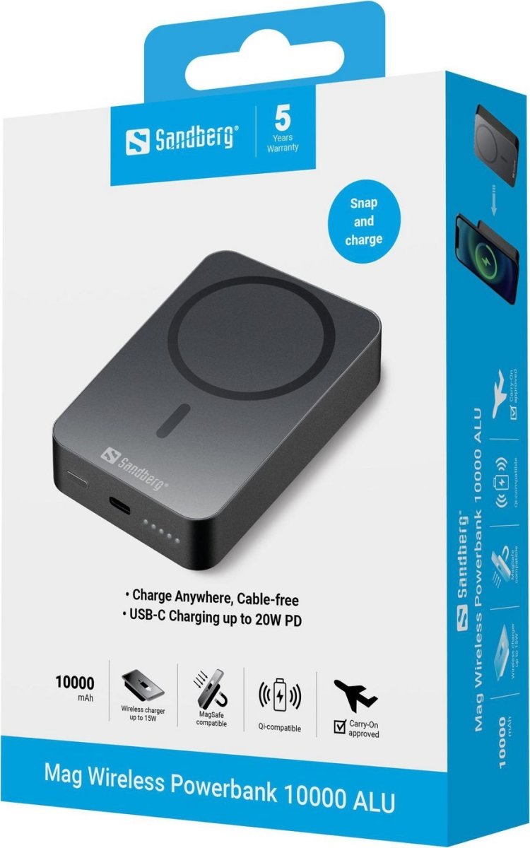 Sandberg Powerbank, Magnet, Trådløs - 10000 mAh
