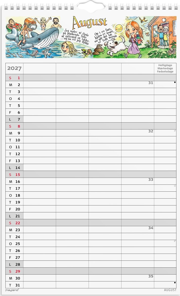 Mayland 2027 Familiekalender m. stickers, 4 kol.