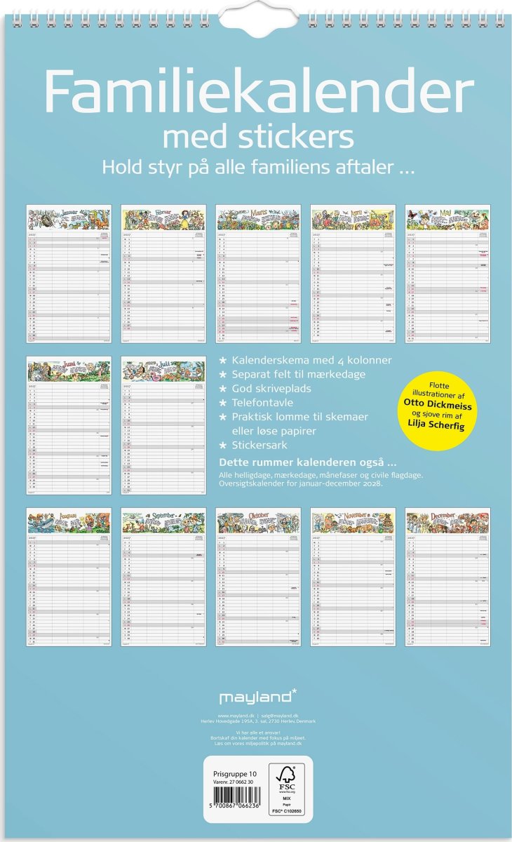 Mayland 2027 Familiekalender m. stickers, 4 kol.