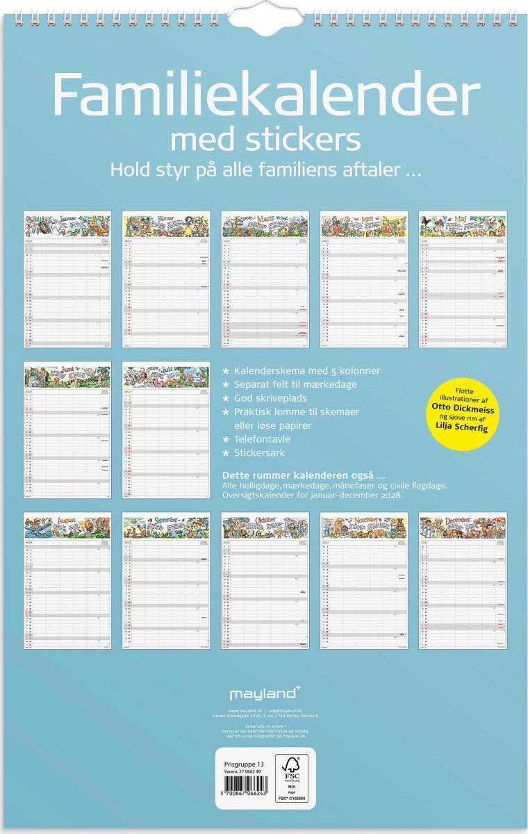 Mayland 2027 Familiekalender m. stickers, 5 kol.
