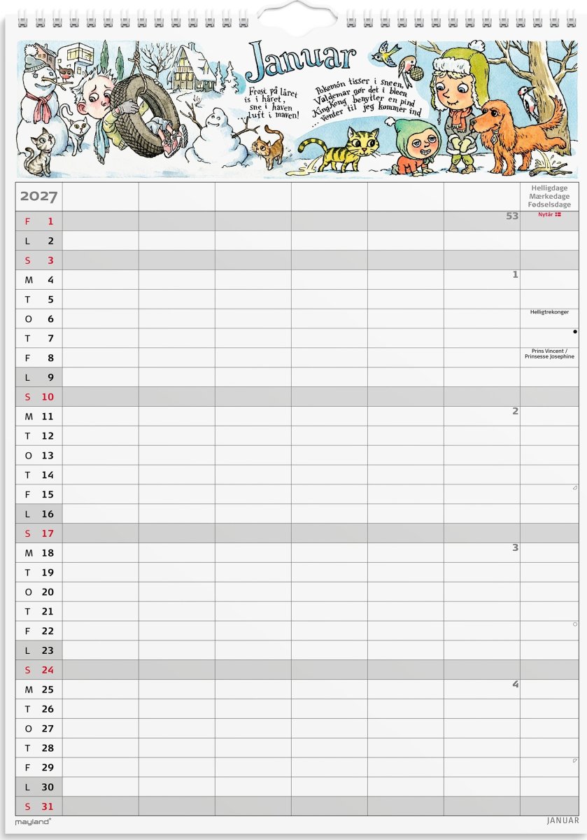 Mayland 2027 Familiekalender m. stickers, 6 kol.