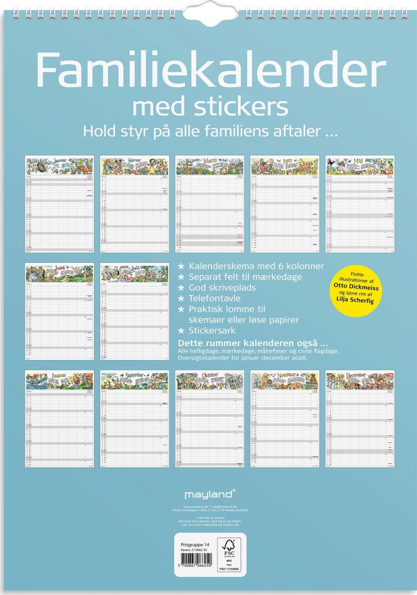 Mayland 2027 Familiekalender m. stickers, 6 kol.