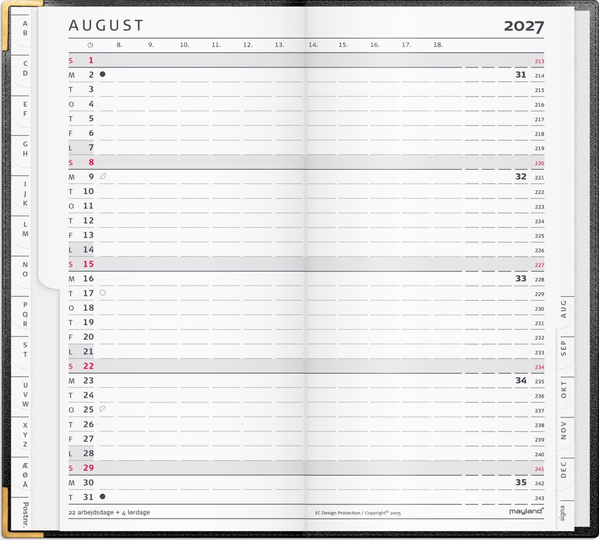 Mayland 2027 Kalender, Index Planner, skind, sort