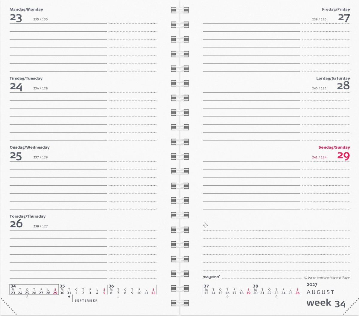 Mayland 2027 Kalender, Week Planner Int. refill