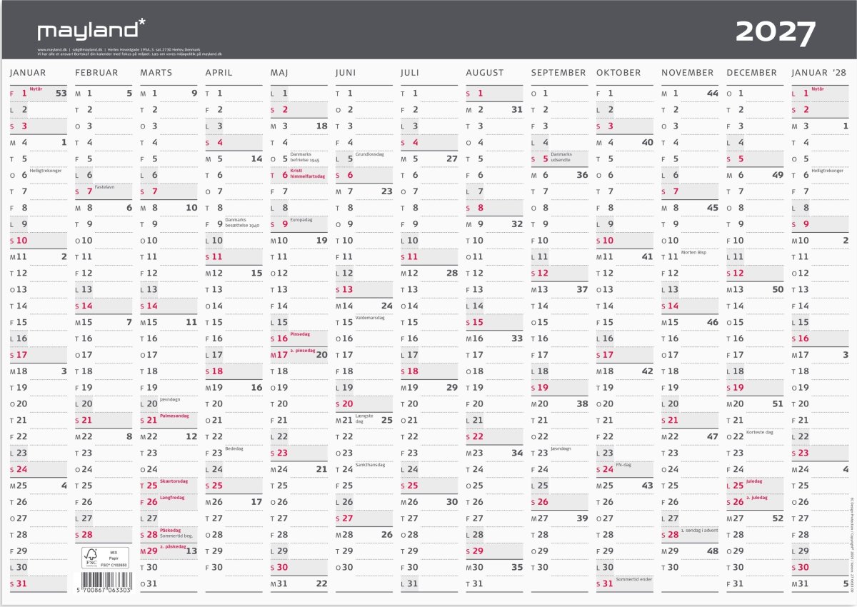 Mayland 2027 Kontorkalender, Moderne, A3, 1x13mdr.