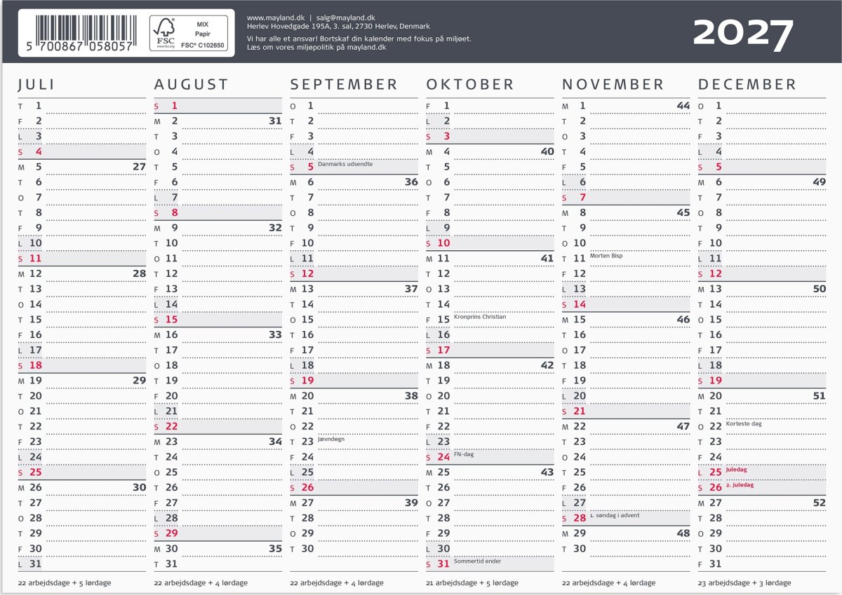 Mayland 2027 Kontorkalender, Moderne, A5
