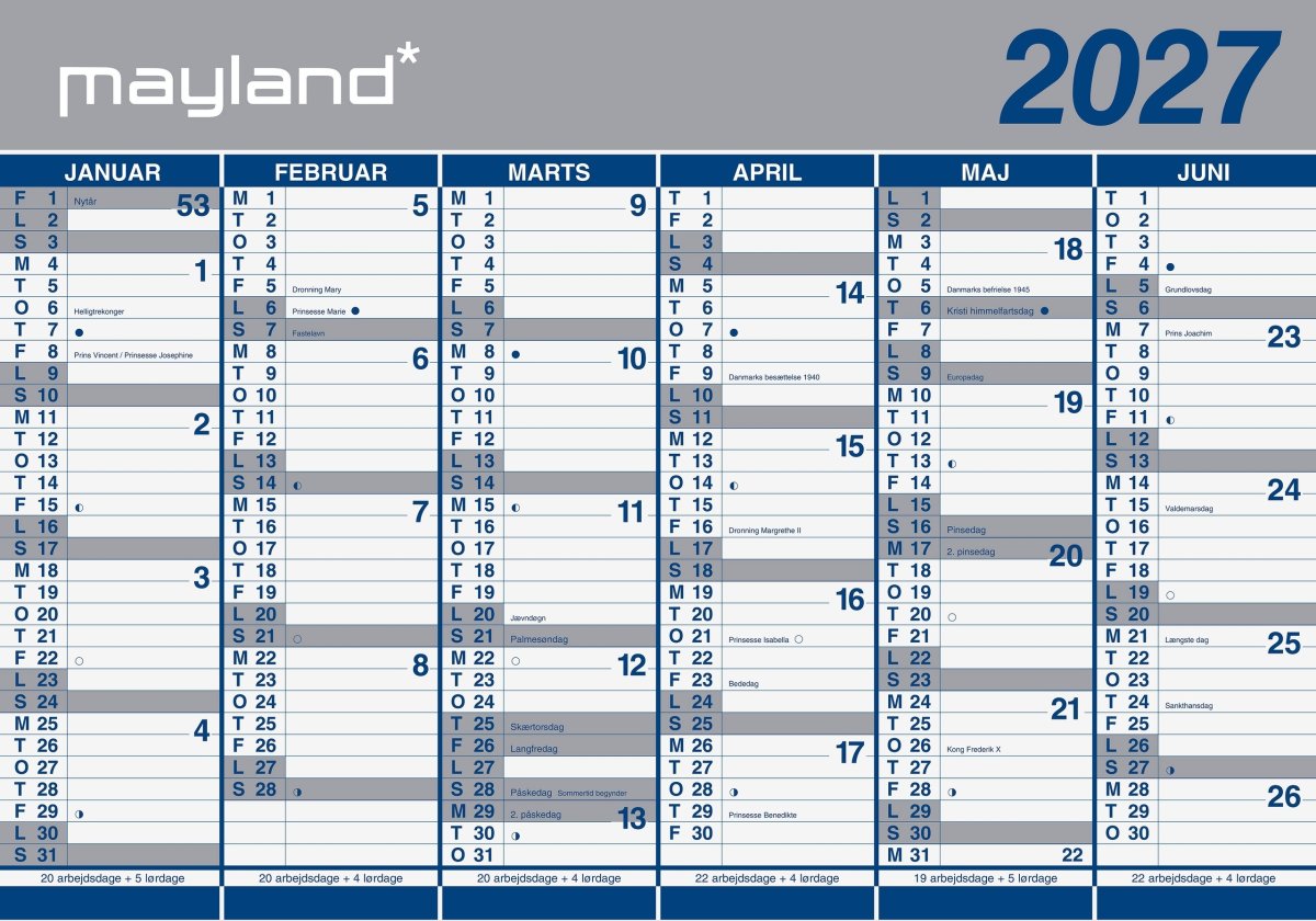 Mayland 2027 Kæmpekalender, papir, 2x6 mdr. paprør