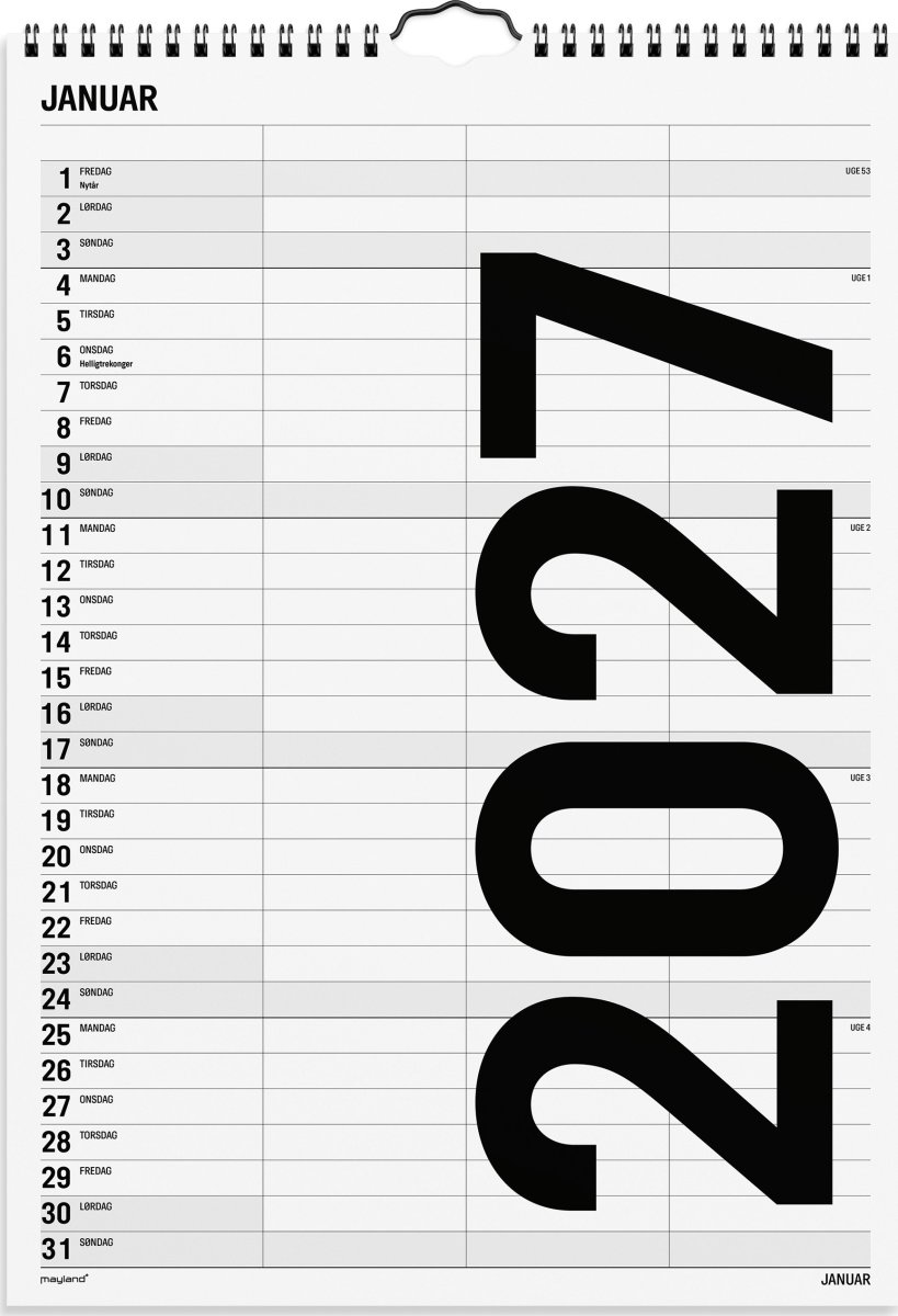 Mayland 2027 Vægkalender, Black & White, 3 kol.