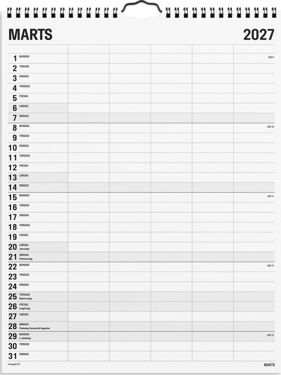 Mayland 2027 Vægkalender, Black & White, 5 kol.
