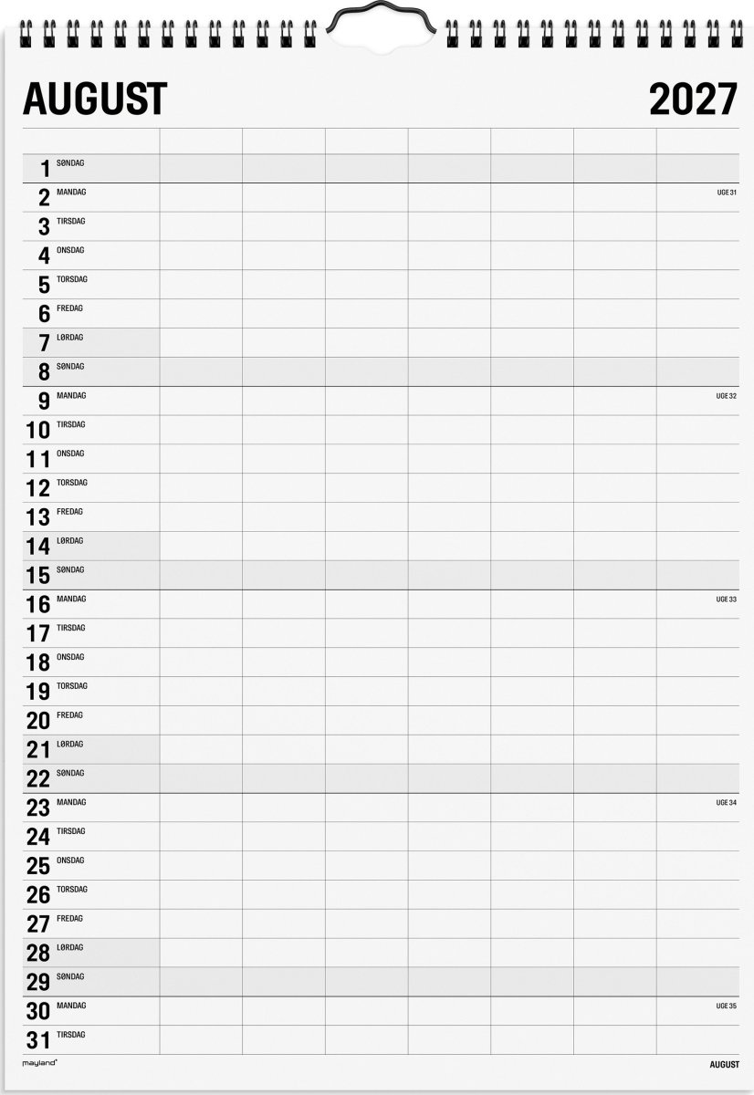 Mayland 2027 Vægkalender, Black & White, 7 kol.