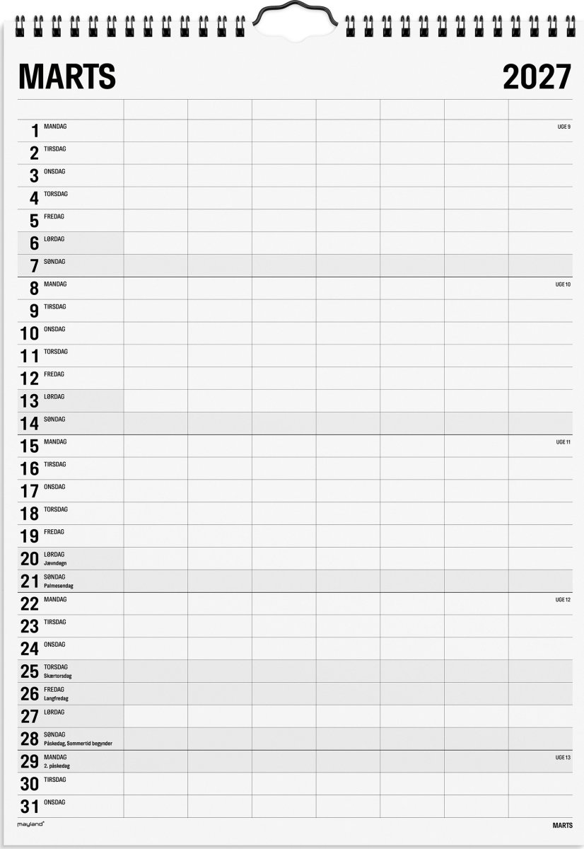 Mayland 2027 Vægkalender, Black & White, 7 kol.