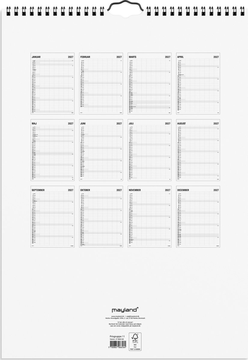 Mayland 2027 Vægkalender, Black & White, 7 kol.