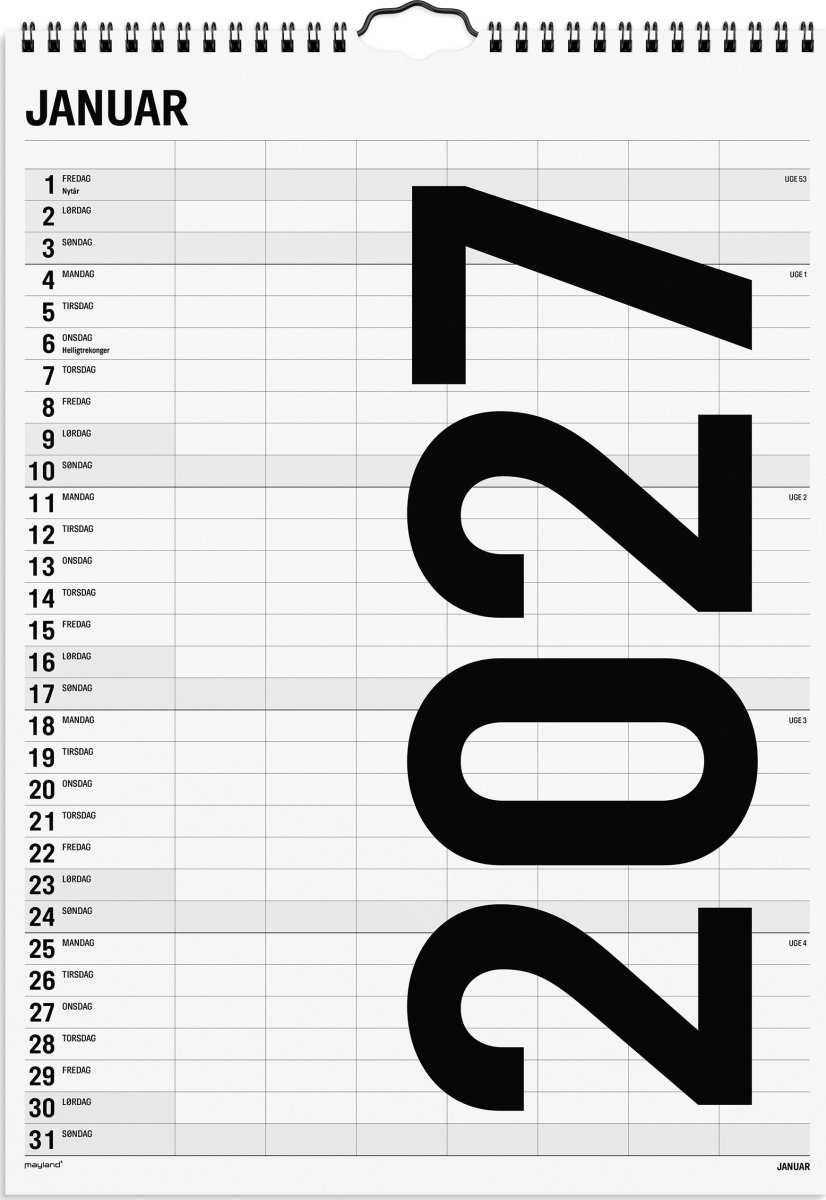 Mayland 2027 Vægkalender, Black & White, 7 kol.