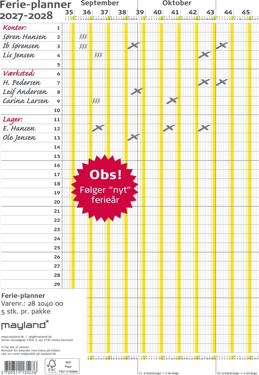 Mayland 2027/2028 Ferie Planner