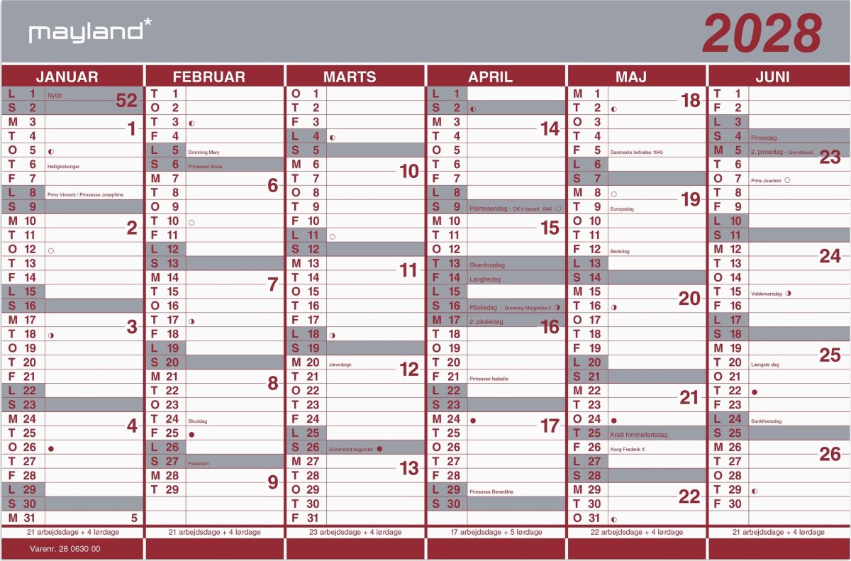 Mayland 2028 Dobbelt halvårskalender