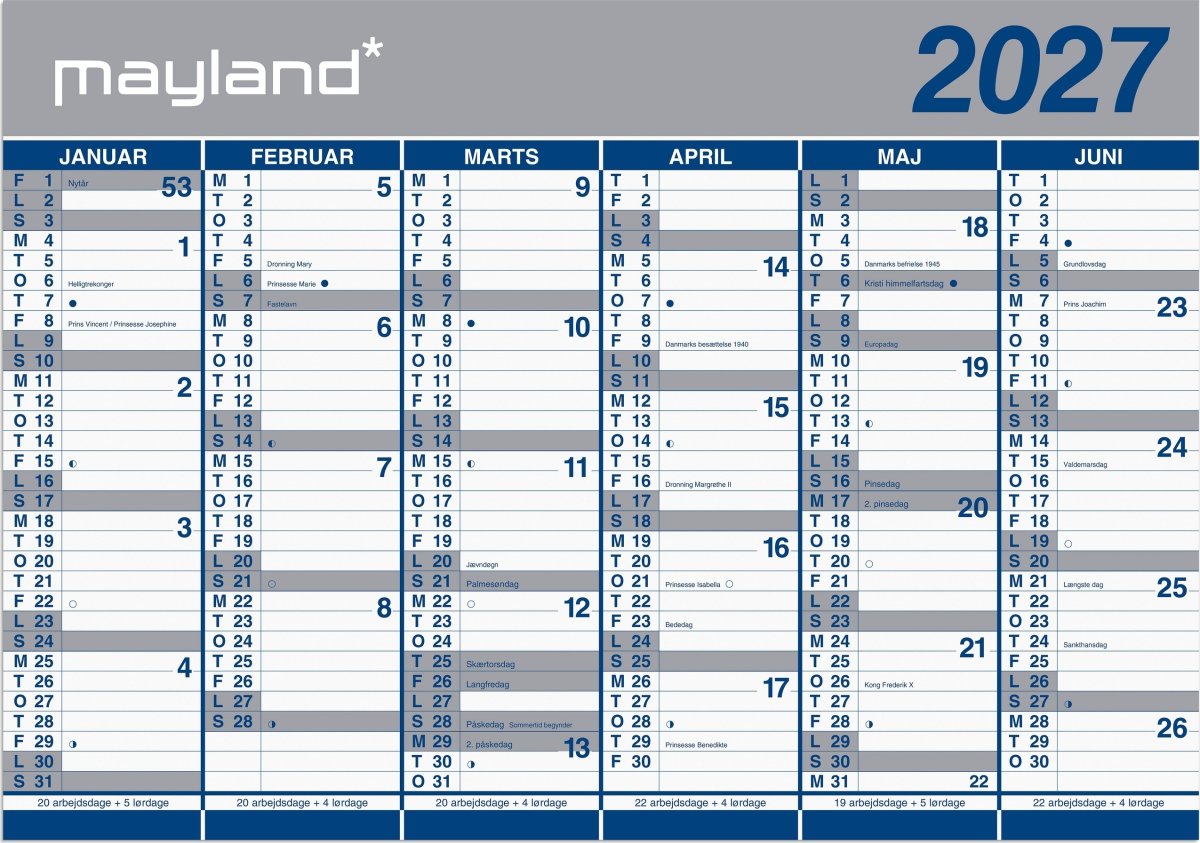 Mayland 2027 Kæmpekalender, papir, 2x6 mdr. pose